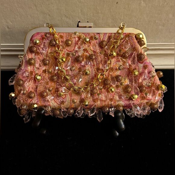 Rafe evening pink & silver jacquard.kiss lock purse clutch w beading VINTAGE - Picture 3 of 13
